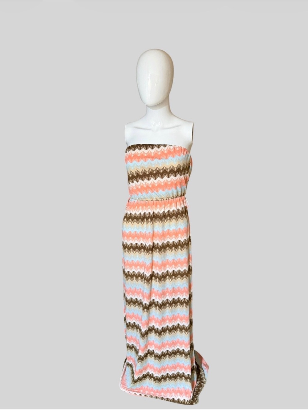 Wishful Park Strapless Maxi Dress in Coral, Light Blue & Brown Chevron